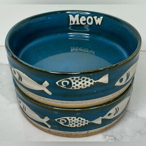 2 Spectrum Designs Pet Bowls Dishes Meow Ceramic Cat Faces 4.9 Dark Blue New
